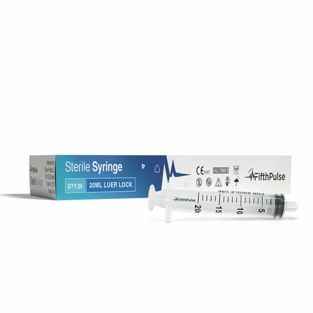 FIFTHPULSE 20ml Luer Lock Syringe NO Needle, Measurement Dispensing, Sterile, Individually Wrapped, 25PK FMN100667